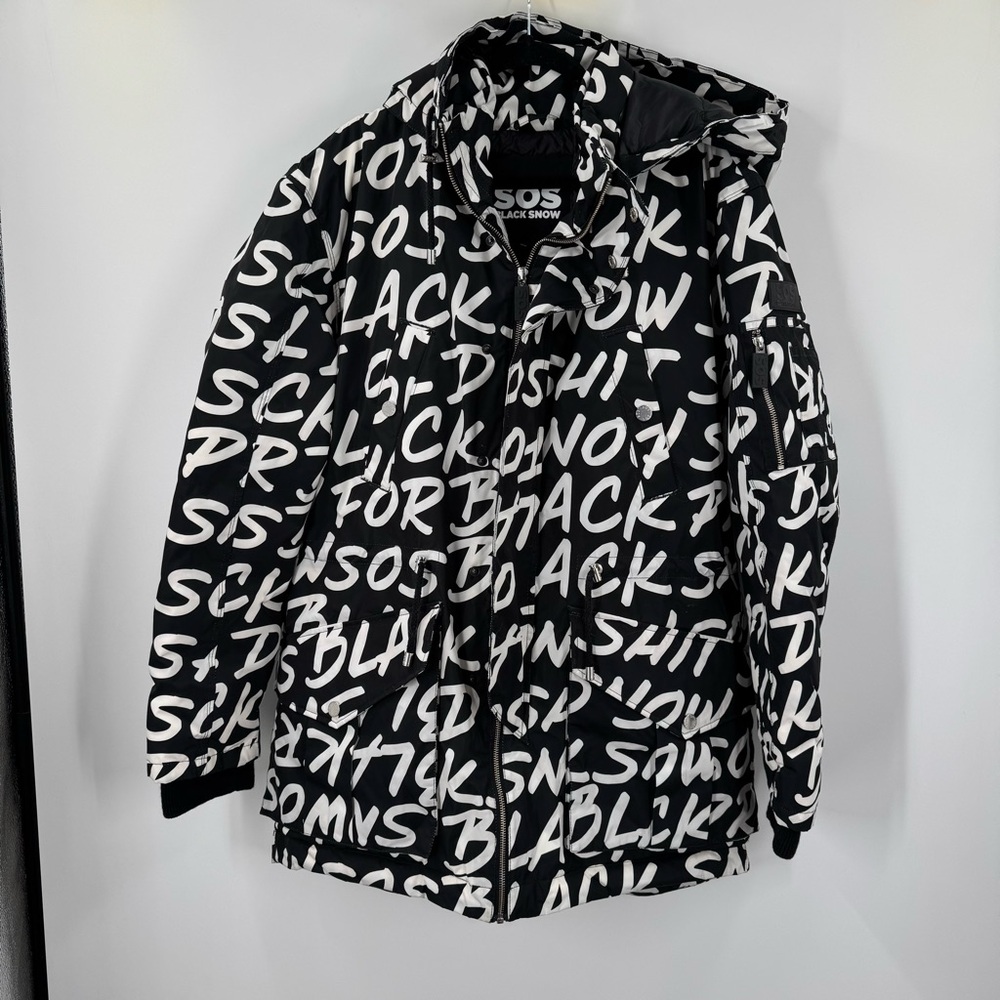SOS Black Snow Down Black and White Graphic Hooded Ski Snowboard Jacket M/L